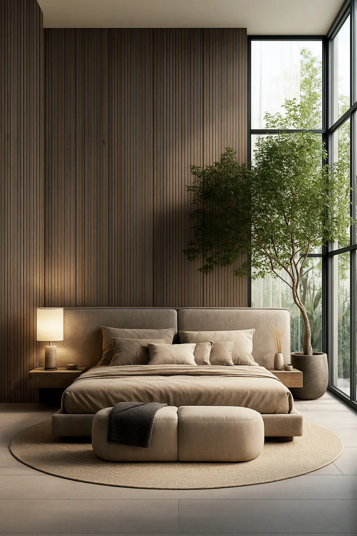 Modern bedroom with minimalist design, neutral tones, soft lighting, natural textures, and a touch of greenery, promoting relaxation and calm.
