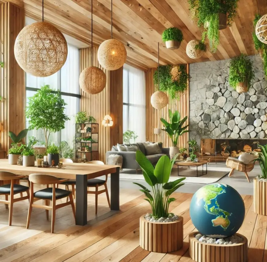 Sustainable interior design featuring eco-friendly materials like wood and stone, natural lighting, plants, and energy-efficient features promoting a healthy, environmentally conscious space.