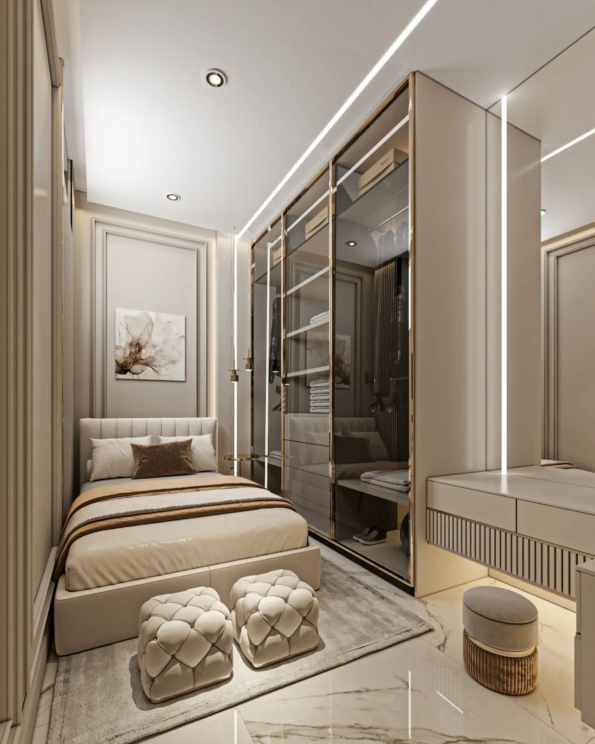 Modern bedroom design with neutral tones, comfortable bed, elegant furniture, and a spacious mirrored wardrobe. Soft lighting enhances the serene and stylish atmosphere.