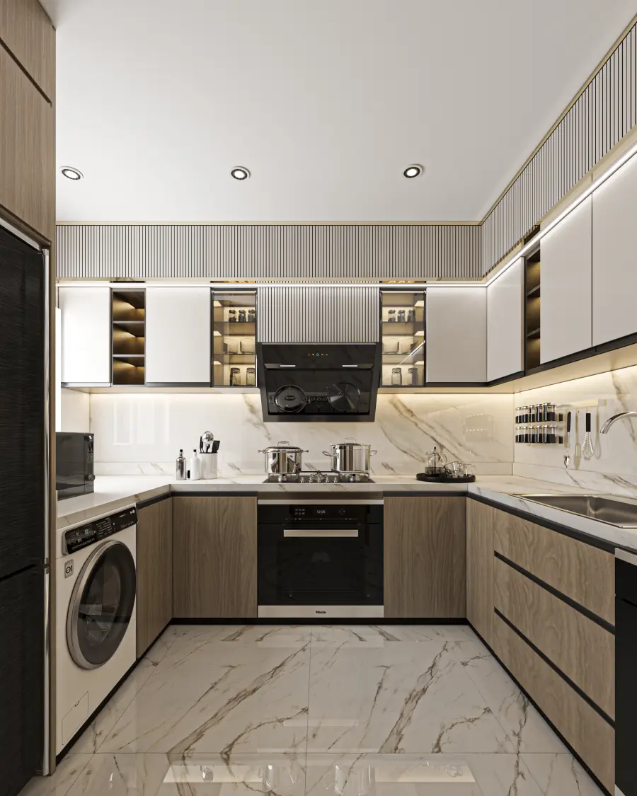 Modern kitchen design with sleek cabinetry, marble flooring, and high-end appliances, creating a functional and stylish cooking space.       4o mini