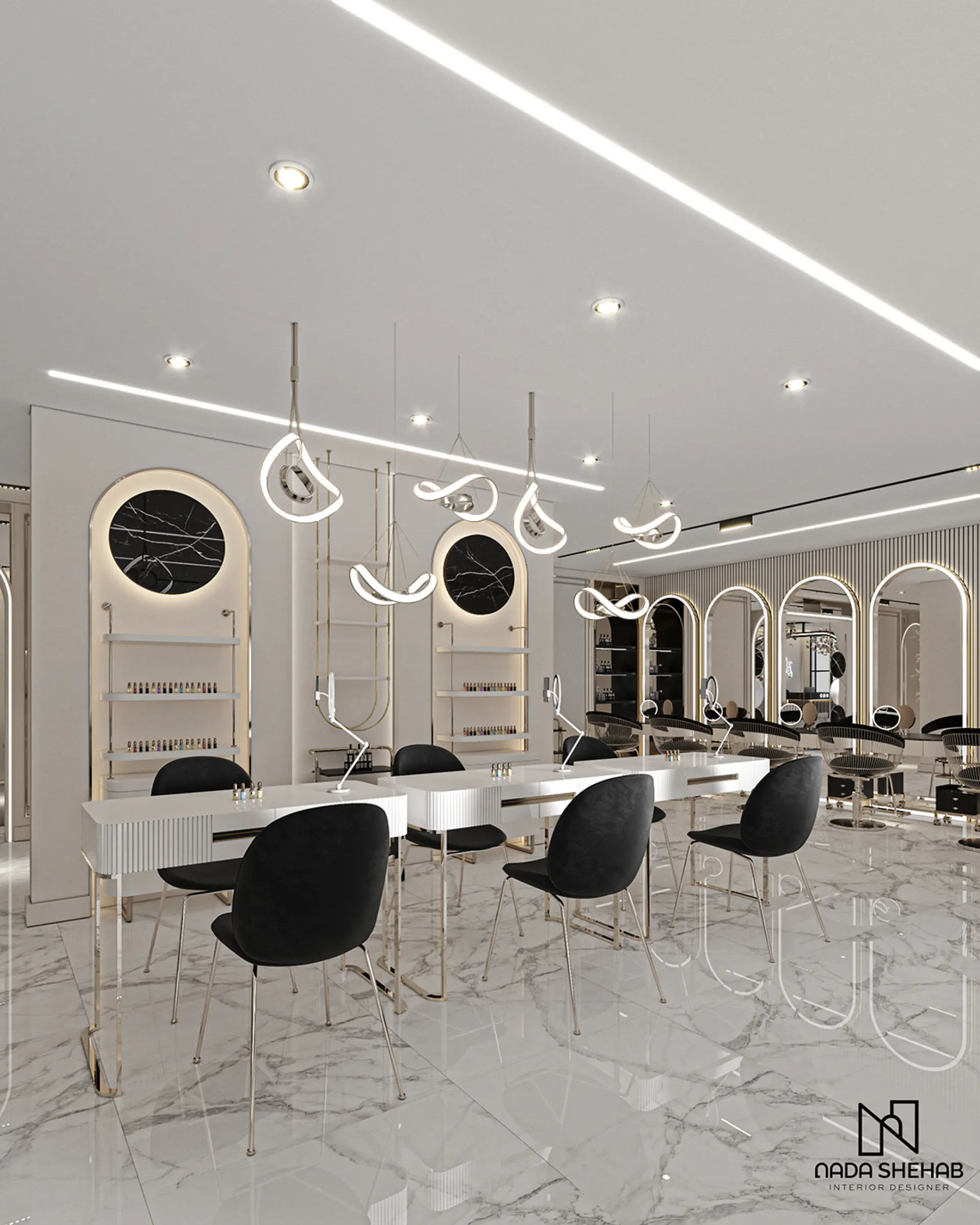 Interior design of a modern beauty salon featuring sleek furniture, contemporary lighting, and an elegant atmosphere, with a focus on sophistication and luxury.