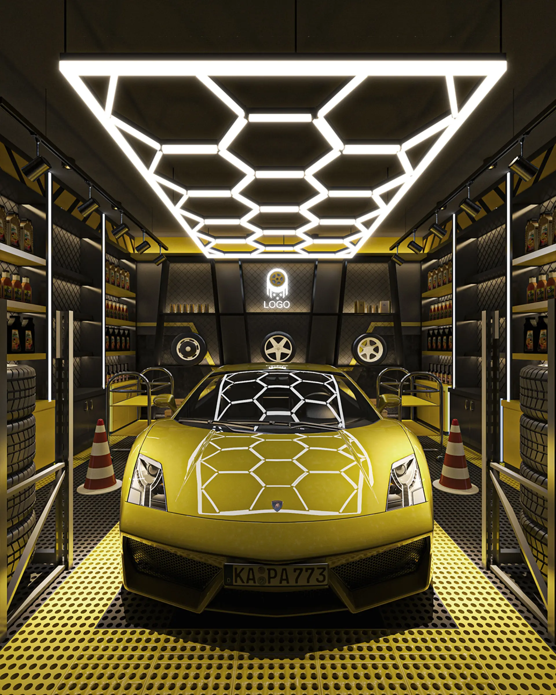 Modern automotive service area with a yellow car, illuminated honeycomb ceiling, and organized shelves showcasing car care products and tires.