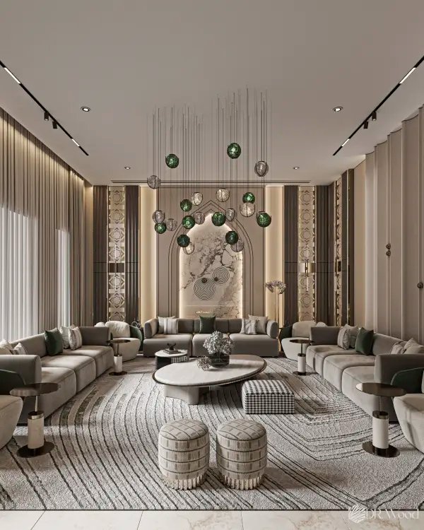 Luxury contemporary majlis with green accent lighting, symmetrical seating, pendant lights, and an illuminated arched feature wall creating a refined and elegant atmosphere
