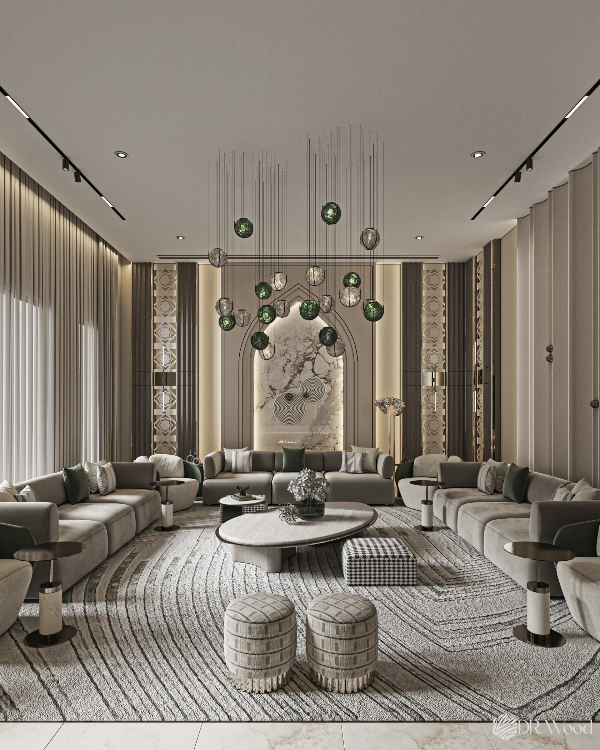 Luxury modern majlis with green accent lighting, arched illuminated feature wall, elegant symmetrical seating, and pendant lights creating a sophisticated and inviting ambiance