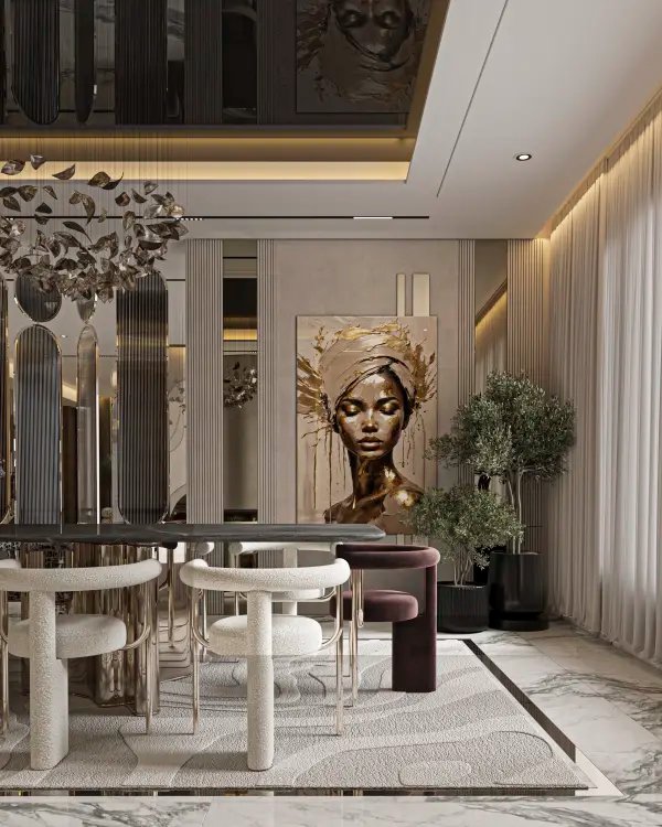 Luxury modern dining with curved seating, sculptural chandelier, marble table, and elegant neutral tones creating a refined and contemporary living space