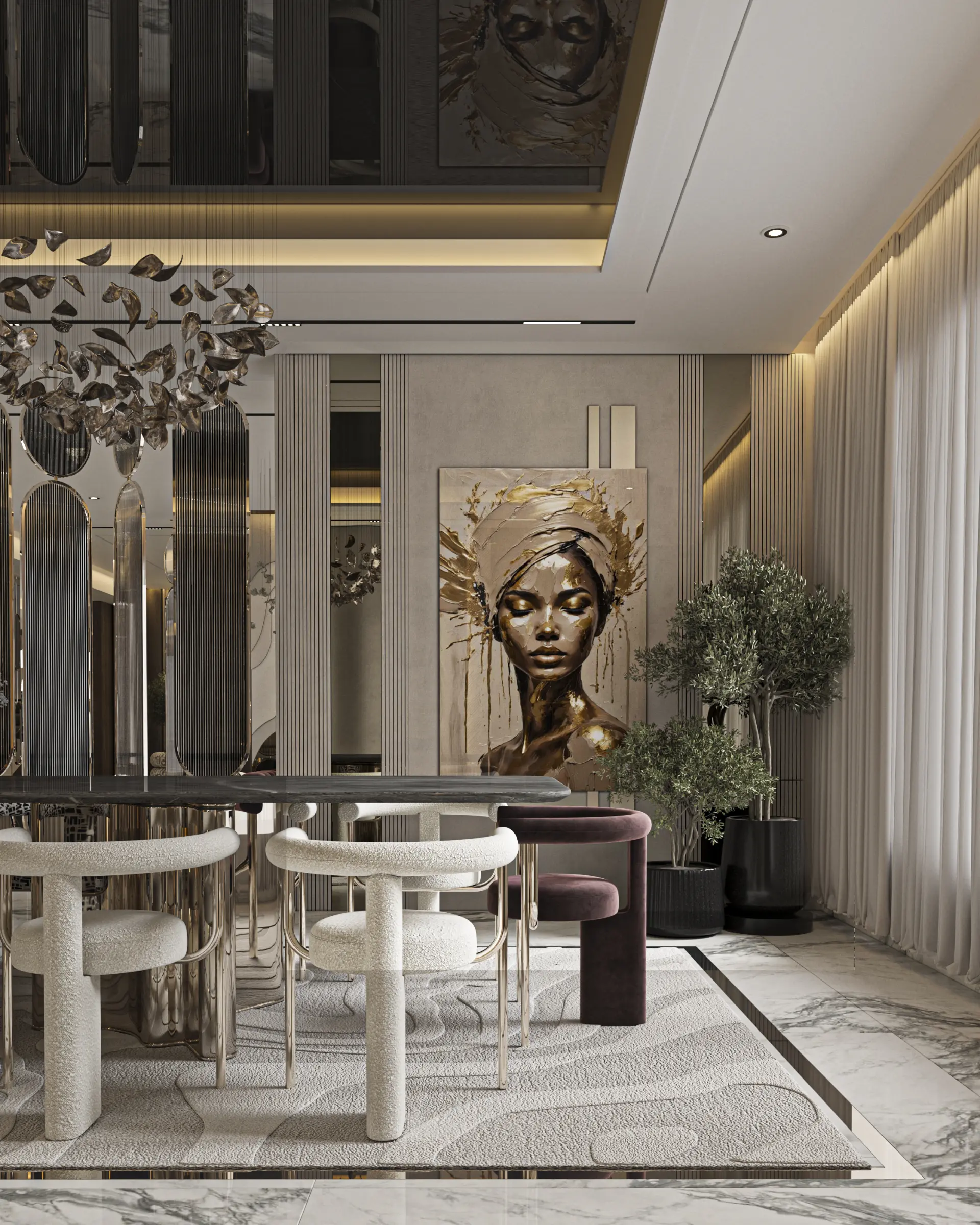 Luxury modern dining with curved seating, sculptural chandelier, marble table, and elegant neutral tones creating a refined and contemporary living space